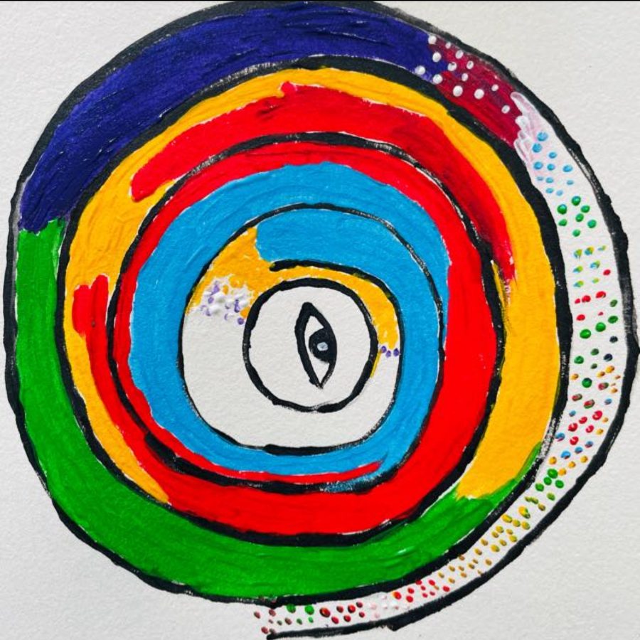 An original concentric-circle painting by Amaresh Nayak, with a single eye at its centre