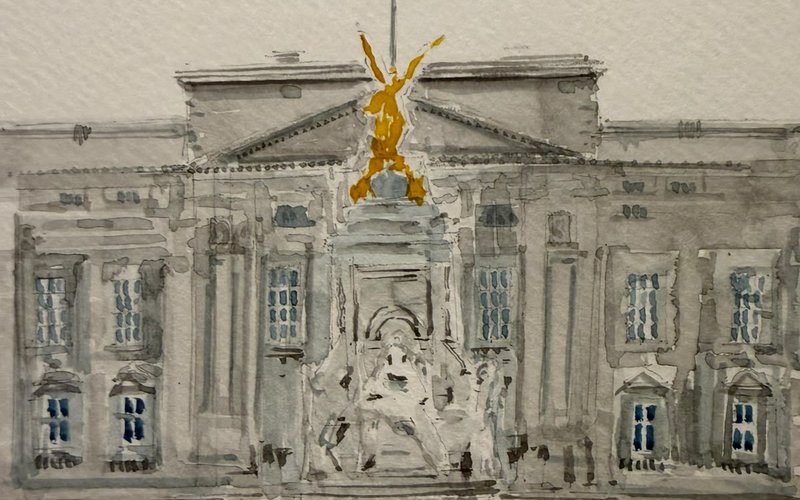 A watercolour of Buckingham Palace in grey washes, with the gilded Winged Victory above the Victoria Memorial standing out in gold at the centre